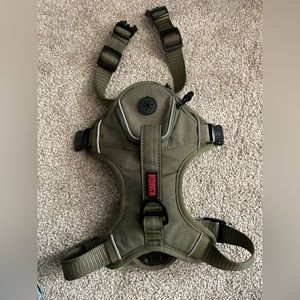KONG army green dog harness with waste pocket.